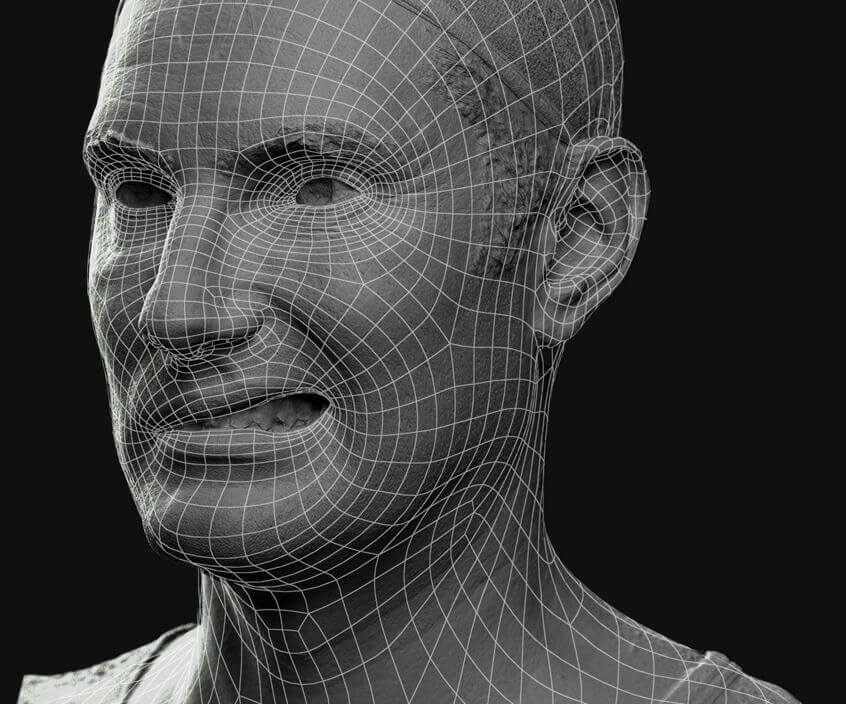 Scan 3D après retopologie Retopologie d'un scan 3D facial par Scan Engine, studio de scan à Paris