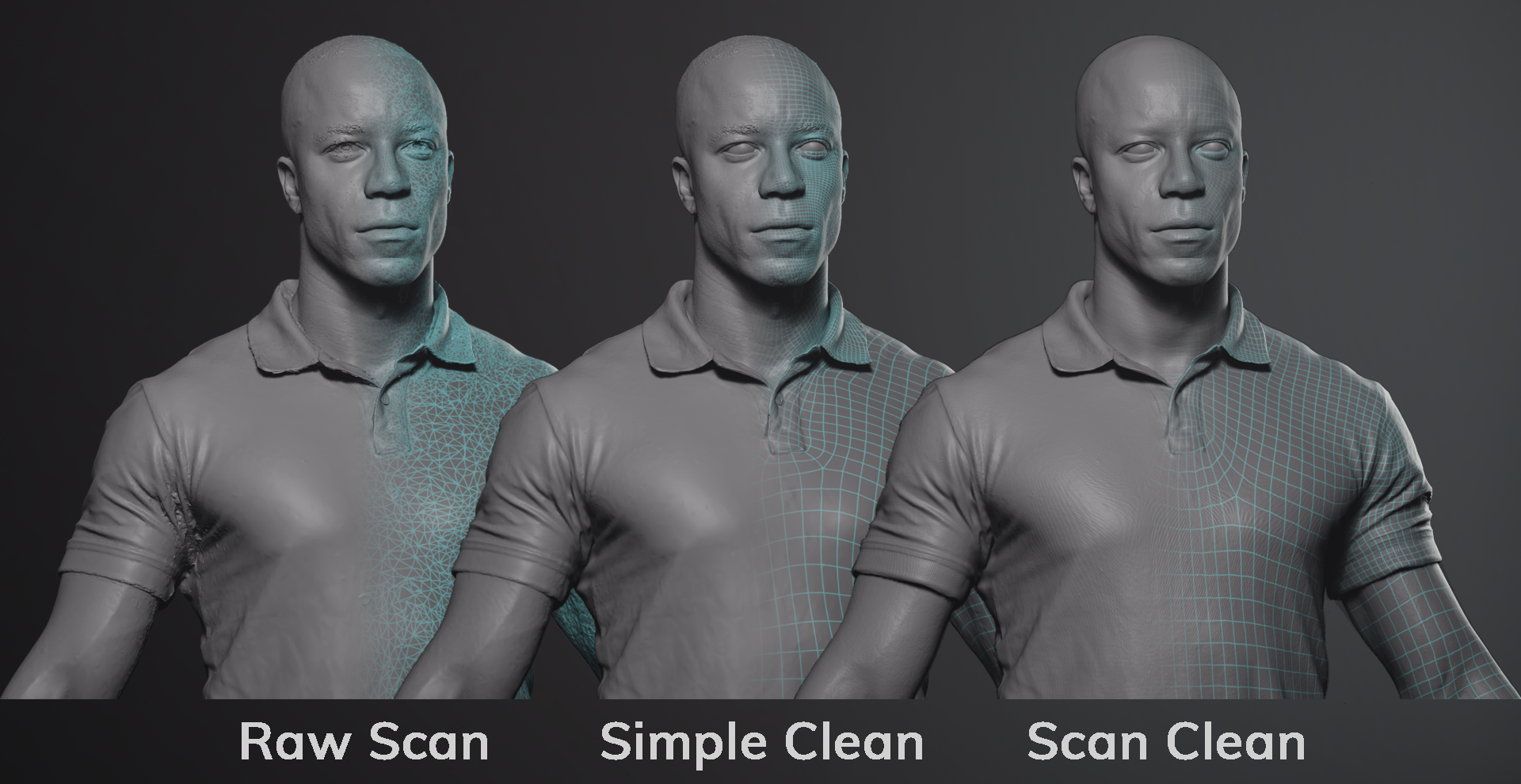 Side by Side comparison of our Raw Output, a simple 3D Scan Clean and a Full 3D Scan Clean